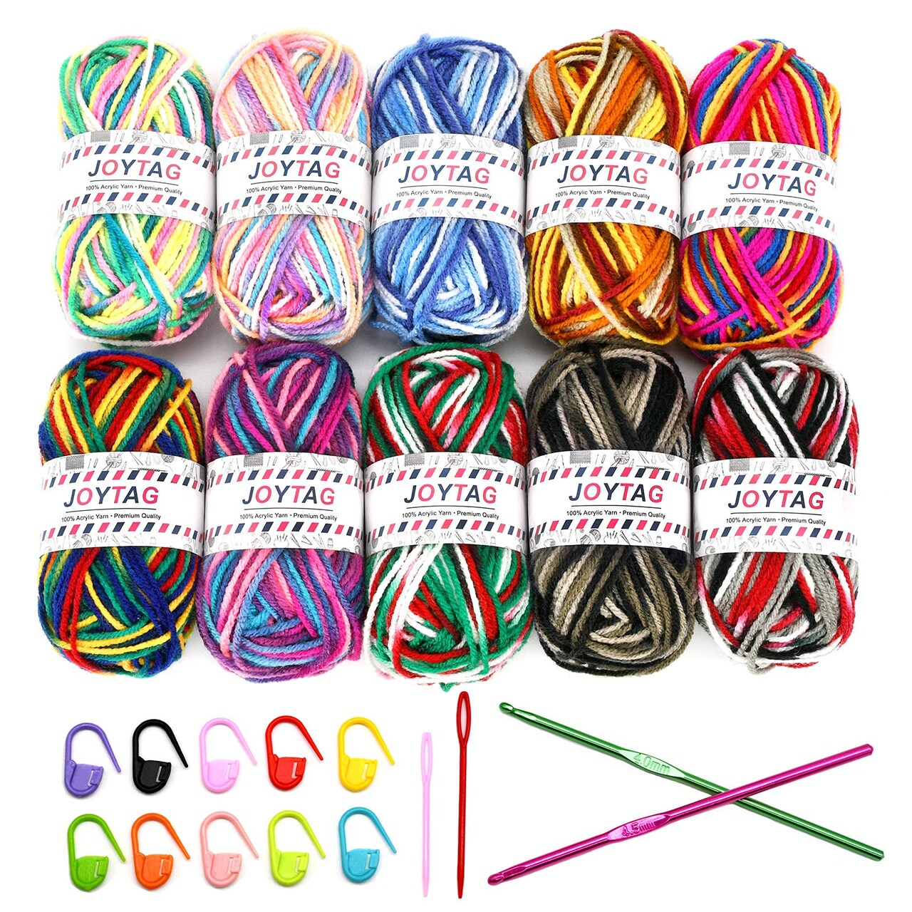 10 Acrylic Yarn Skeins,Multicolor Crochet Craft for Crocheting and Knitting,with Hooks Knitting Needles Stitch Markers,Crochet Starter Kit Beginners(650 Yard/250g)
